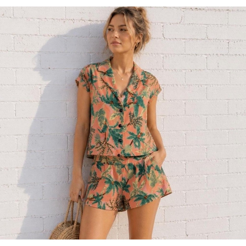 Monteau Los Angeles Tropical Palm Parrot Linen Blend Shorts Set Pink Green S